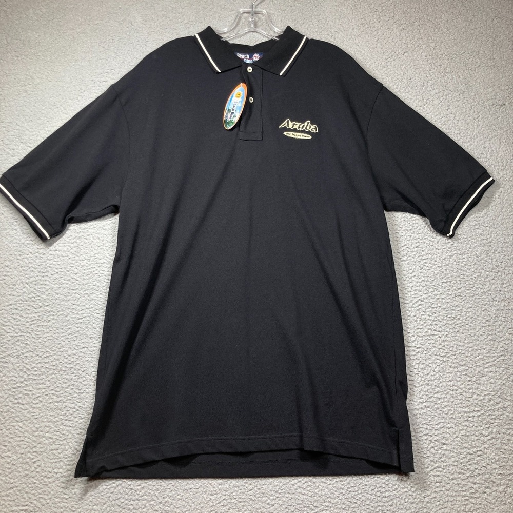 Aruba Polo Shirt Mens XL Black Short Sleeve "One Happy Island" Beach Vacation